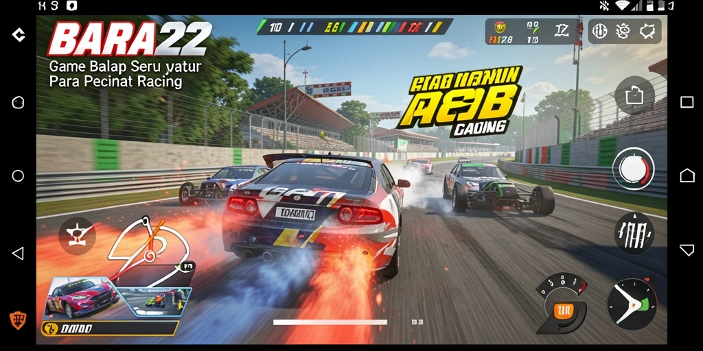Screenshot gameplay BARA22 menampilkan aksi balapan yang mendebarkan.