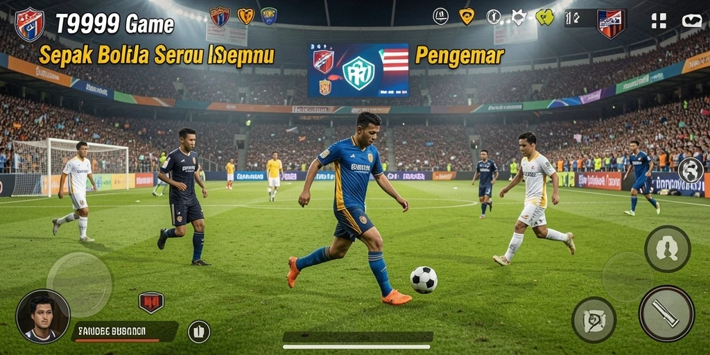 Tampilan gameplay seru di lapangan sepak bola dalam T9999.